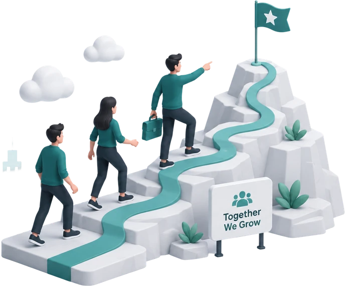 Ripplrites climbing steps to a flag on a summit marked “Together We Grow”