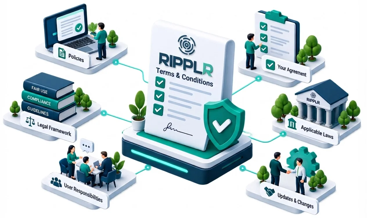 Illustration of Ripplr's terms and conditions: policies, legal framework, user responsibilities and applicable laws around a signed agreement